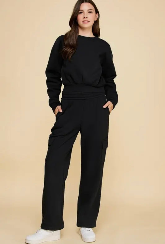 Black Cargo Sweat Set