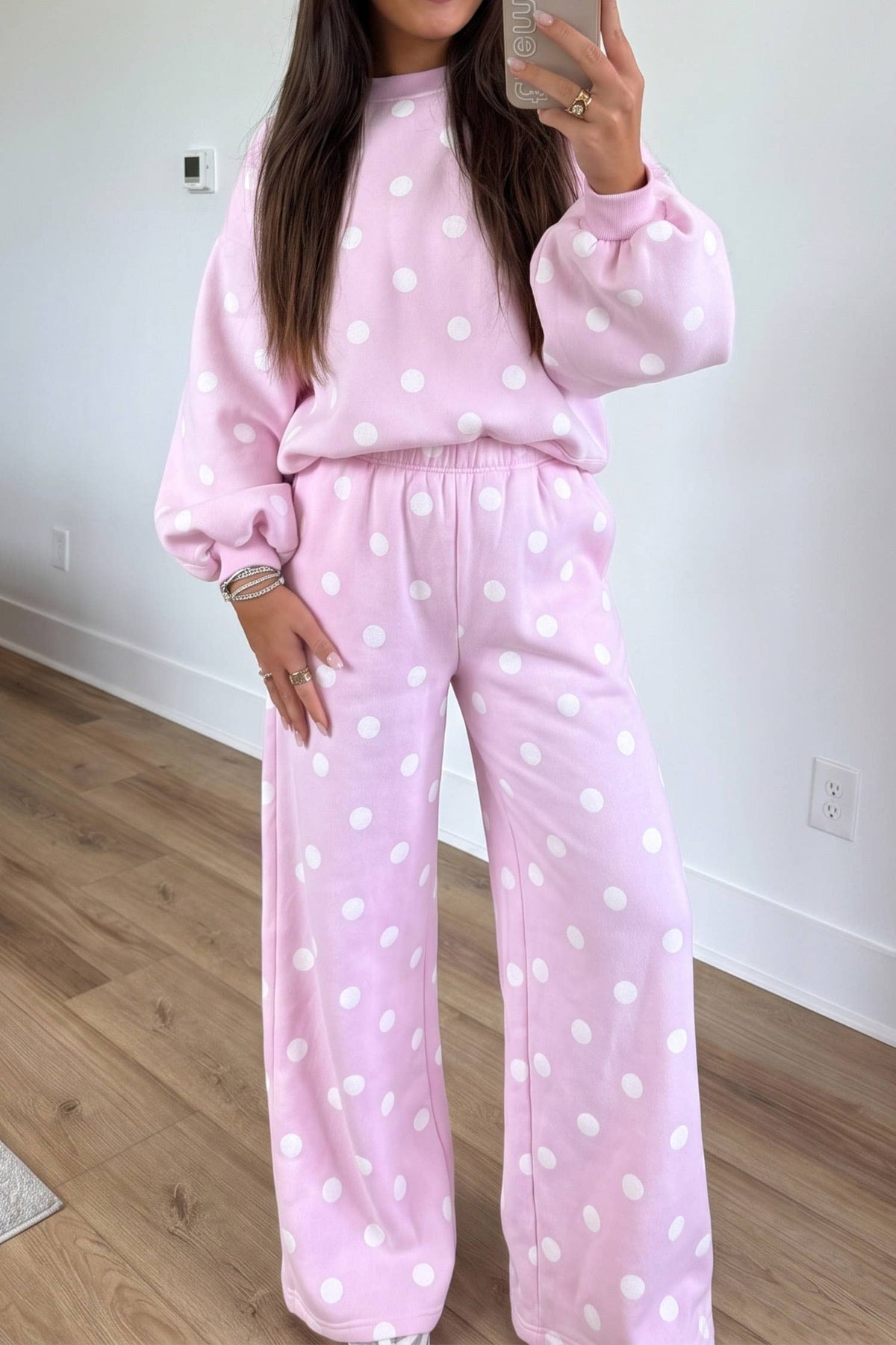 66 Polka Dot Puff Sleeve Top Casual Pants 2pcs Set (S-XL)
