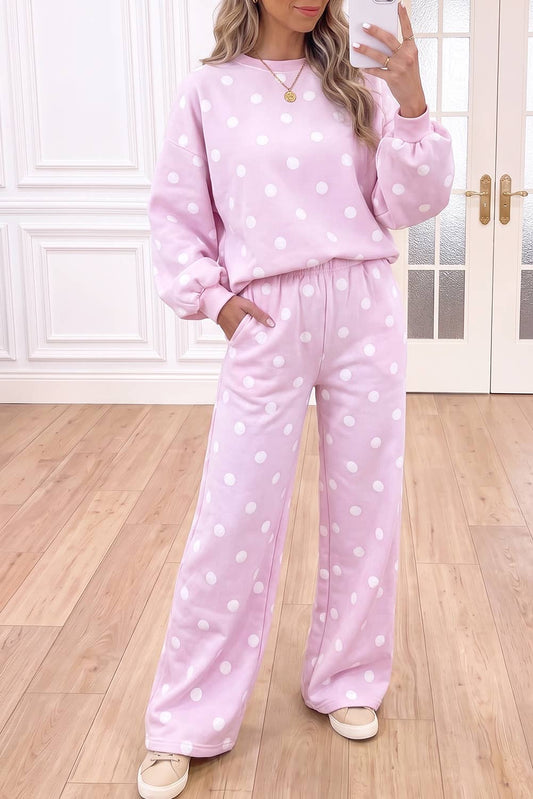 66 Polka Dot Puff Sleeve Top Casual Pants 2pcs Set (S-XL)